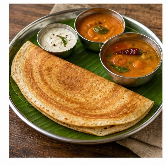 A masala dosa on a banana leaf with sambar and coconut chutney
