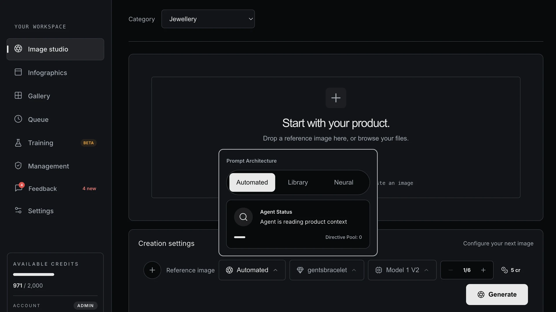 Screenshot of the Destimage image studio: a jewellery category, an upload area for a reference product image, creation settings with the agentic prompt mode, and a Generate button.