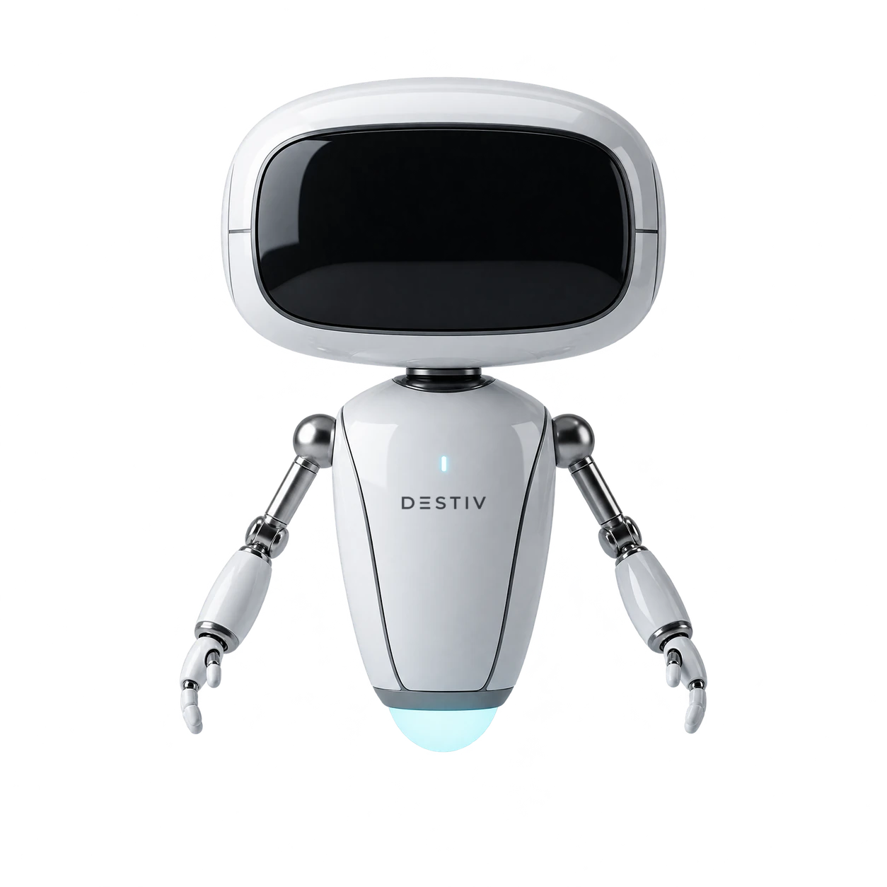Destiv, a small white hovering robot with a wide dark face screen and slender titanium arms
